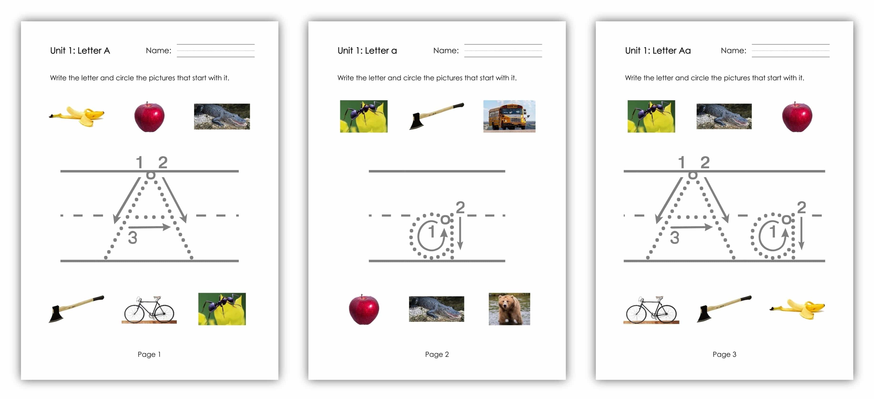 letter a uppercase and lowercase stroke order and initial sound images worksheet