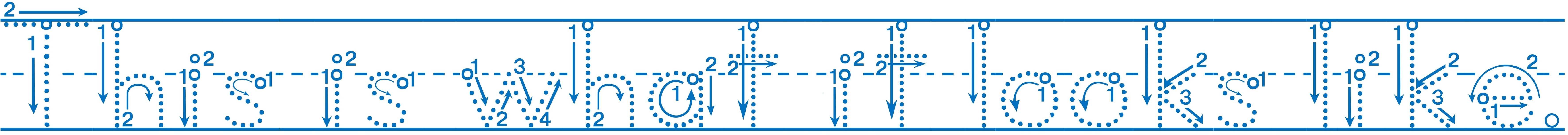 Alphastrokes tracing-font sample with guide lines, starting positions and numbered stroke arrows